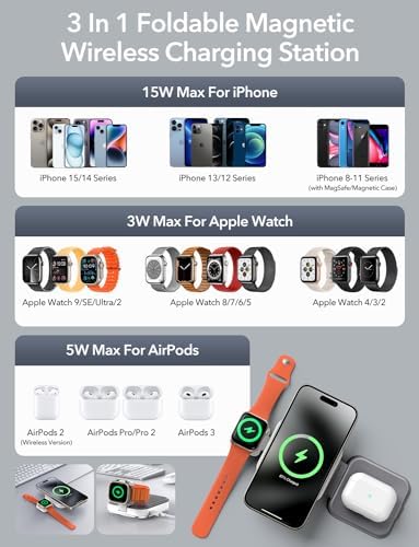 Ultimate 3-in-1 Foldable Magnetic Wireless Charger with Aluminum Alloy Stand – Sleek Mag Safe Charging Station for i Phone 16, 15, 14, 13, 12 Series, Apple Watch & Air Pods with PD 20 W USB-C Adapter – Portable & High-Speed Charging Solution