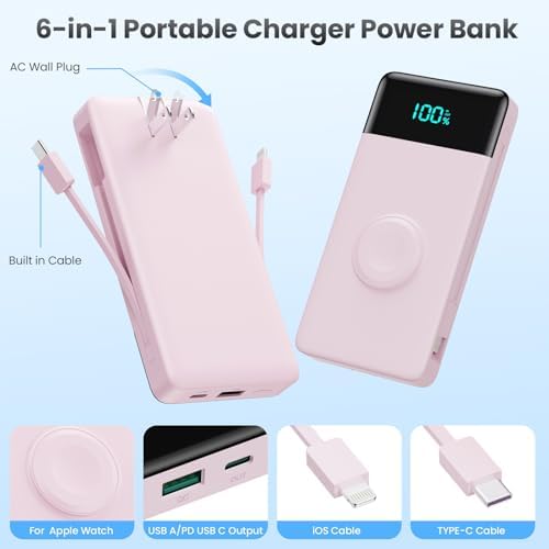 10800 m Ah Portable Charger with Built-in Cables & Wall Plug – 6-in-1 Power Bank for i Phone 16/15/14, Android, Apple Watch – Ultra-Fast QC4.0 & PD Charging with LCD Display – Slim, Lightweight Design for Travel & Outdoor Use – Charge 5 Devices Simultaneously – Hassle-Free Charging Solution with 24-Month Warranty