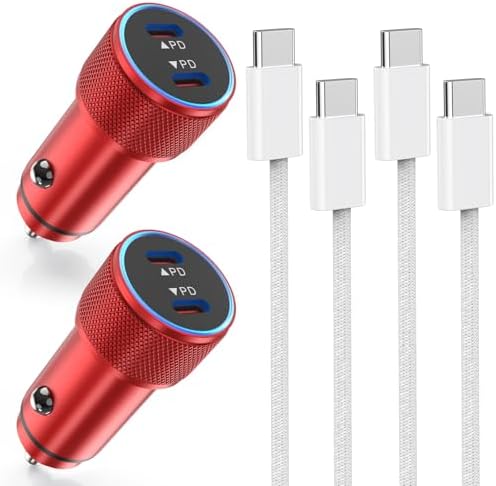 Fast Charge Dual USB-C Car Charger for i Phone 16/16 Pro Max/15 with Braided Nylon Cable – High-Speed PD3.0 Adapter for Convenient On-the-Go Charging – Durable, Compact Design for i Pad Compatibility – Tangle-Free Solution for Everyday Use – Essential Road Trip Companion