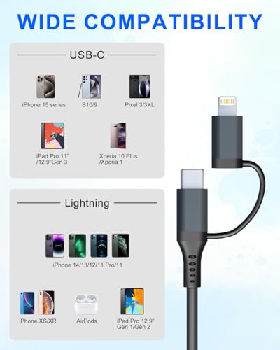 Revolutionary 2-in-1 Coiled USB to USB C and Lightning Charging Cable – 3 A Fast Charging & Data Sync for i Phone 15 Plus, 14, 13, 12, 11 Pro/Max & USB-C Android Smartphones – MFi Certified, Enhanced Durability, Perfect for Apple Car Play & Android Auto Integration