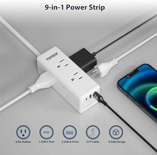 Universal European Travel Plug Adapter with USB-C – TOPREK 9-in-1 Power Strip for US to Europe with 6 Outlets & 3 USB Ports, 3 FT Extension Cord for Seamless Charging in Germany, France, Spain, Greece, and More – Ideal for Hotel and Airport Use