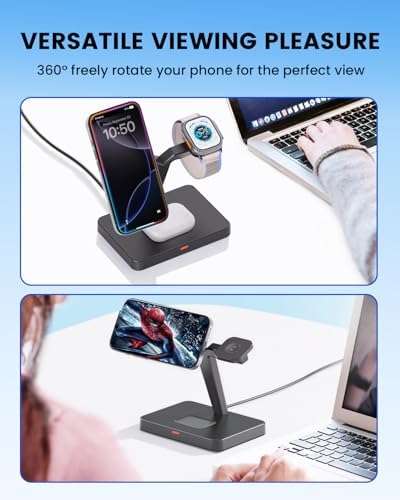 Ultimate 3-in-1 Foldable Wireless Charging Station for i Phone, Apple Watch, and Air Pods – Fast Magnetic Charger Stand with Enhanced Compatibility for i Phone 16-12, Apple Watch Series 9-2, Air Pods Pro & More – Stylish and Portable Power Solution for Home and Travel