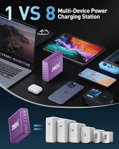 Revolutionize Your Charging Routine with the 280 W Ga N USB-C 8-Port Fast Charging Station – Power Up Laptops, Smartphones & More with PD 65 W Compatibility for Mac Book Pro/Air and Dell – Compact & Lightweight Design Perfect for Home, Office, and Travel – Universal Fast Charger for i Phone, Samsung Galaxy & All USB-C Devices