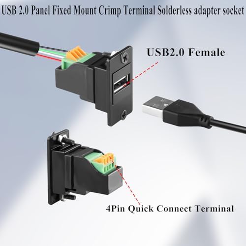 QIANRENON USB2.0 Rectangular Panel Mount Crimp Terminal Solderless Adaptor USB2.0 Female to 4Pin Quick Connect Terminal Fixed Mount Socket, for 480Mbps Data Transfer 5V2A Charging – Enhanced Compatibility and Speed