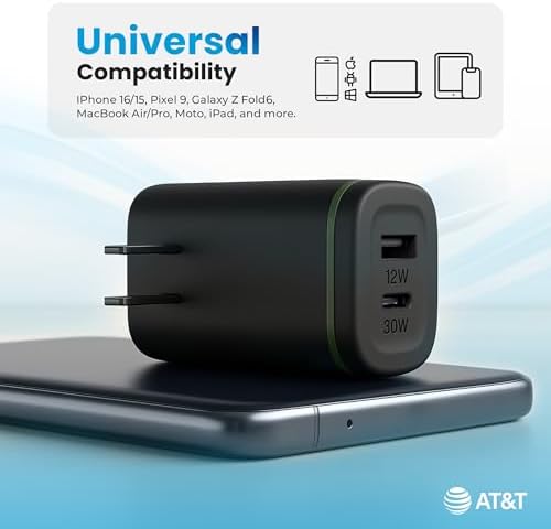 AT&T 40 W USB-C Fast Charging Wall Adapter – Ultimate Travel Companion with Foldable Prongs for i Phone, i Pad, Samsung Galaxy, Google Pixel & More – Universal Compatibility for Rapid Power Delivery Anytime, Anywhere