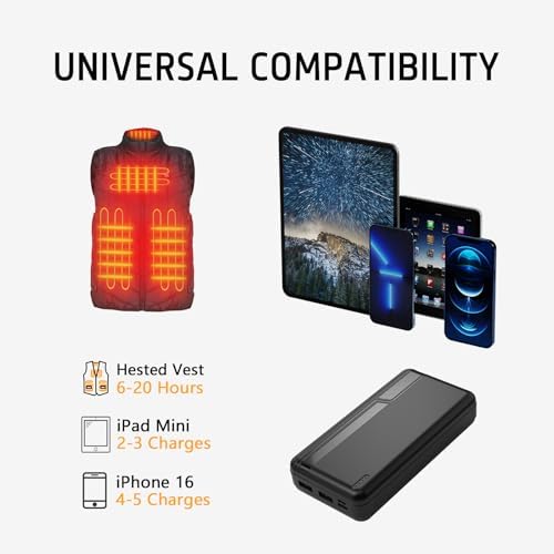 Ultimate 20000 m Ah Rechargeable Power Bank for Heated Apparel – Fast 5 V 2 A Battery Pack for Vests, Jackets & Hoodies – Lightweight & Portable Charger for Outdoor Comfort – Not Compatible with 7.4 V Heated Gear – Safety Features for Reliable Performance