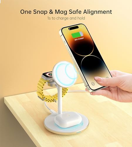 Sleek Yellow Wood Grain 3-in-1 Wireless Charging Station for Apple Devices – Fast 15 W Mag-Safe Charger with QC 3.0 Adapter for i Phone 16/15/14/13/12, Apple Watch Ultra/S9/8, and Air Pods – Elevate Your Workspace with Ultimate Compatibility and Modern Aesthetics, Perfect for Streamlined Charging Solutions