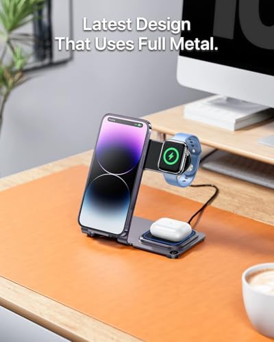 2024 Enhanced 3-in-1 Wireless Charging Station for Apple Devices – Fast Charging Dock for i Phone 16/15/14/13/12/11, Apple Watch, and Air Pods in Stylish Purple – Ultimate Multi-Device Charging Solution with Safety Features and Sleek Design