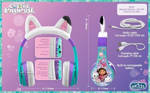 Gabby’s Dollhouse Wireless Headphones for Kids – Stylish Bluetooth Over-Ear Headset with Built-In Microphone, Perfect for School, Home, and Travel – Ultimate Comfort and Durability for Young Audiophiles with Versatile Connectivity Options and Engaging Design