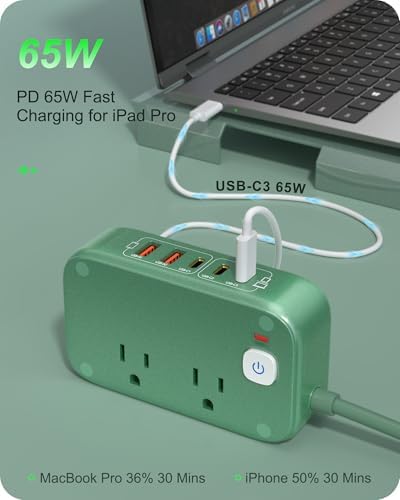 Ultimate 7-in-1 Power Strip with 65 W Ga N Technology | Flat Plug Design for Space-Saving | 3 USB-C & 2 USB-A Ports for Rapid Charging | 2500 W AC Outlet for Home, Office, College & Travel | Versatile Surge Protector for All Devices