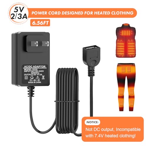 Ultimate 5 V 2 A USB Wall Charger for Heated Apparel – 6.56 ft Long Cable for Enhanced Flexibility – High-Speed Charger for Vests, Jackets & Hoodies – Durable & Compact Design for Home or Office Use – Reliable Power Source for Winter Comfort