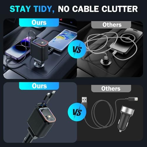 Starlight Enhanced 66 W USB-C Fast Car Charger – 4-in-1 Retractable Adapter with Dual USB Ports for i Phone 16/15/14/13/12/11 & Android Devices – Ultimate Convenience for On-the-Go Charging in Sleek Black Finish