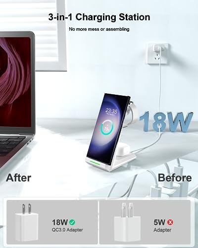 NANAMI Premium 3-in-1 Wireless Charging Station for Samsung Devices – Ultra-Fast Qi Charger Stand for Galaxy S25, S24, S23 Ultra, S22, S21, Z Flip, Fold 4, Galaxy Watch 6/5/5 Pro/4/3 & Buds 2 Pro – Sleek, Space-Saving Design for Modern Lifestyles