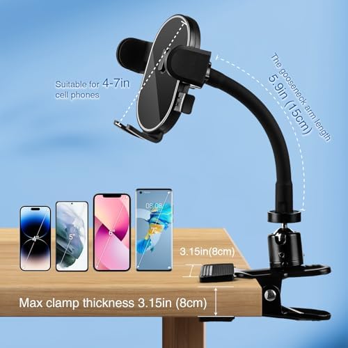 Versatile 360° Gooseneck Clip Phone Holder with Auto-Locking Clamp – Adjustable Arm Lengths for Desk, Treadmill, and Mic Stand – Securely Fits 4-7″ Smartphones for Ultimate Hands-Free Convenience and Enhanced Productivity