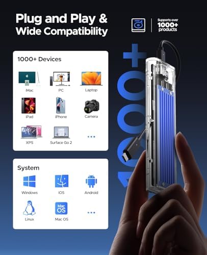 ORICO Transparent M.2 NVMe SSD Enclosure – Ultra-Fast USB 3.2 Gen 2 Adapter for PCI-E M-Key SSDs (2280/2260/2242/2230) – Lightweight and Durable External Solid State Drive Case with Tool-Free Setup and USB Type-C Support for Seamless Data Transfer