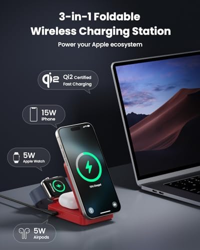 3-in-1 Qi2 Certified Wireless Charging Station – 15 W Fast Magnetic Charger for i Phone 16/15/14/13/12, Apple Watch, Air Pods – Foldable Design with 30 W USB-C Adapter for Ultimate Compatibility and Efficiency – Elevate Your Charging Experience with Enhanced Safety Features and Versatile Viewing Angles