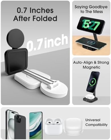 Versatile Magnetic Charging Station for i Phone 12-16 Series & Air Pods – Foldable Wireless Charger with Mag-Safe Technology, Compact Design for Multiple Devices, Integrated Phone Holder for Hands-Free Use, Perfect for Home & Travel