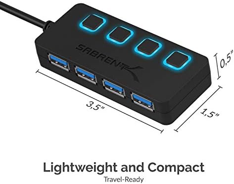 SABRENT 4-Port USB 3.0 Hub with Individual LED Power Switches – Ultra-Slim, Portable Design with 2 Ft Cable for Effortless Data Transfer – Compatible with Mac & PC, Perfect for Home and Office Use