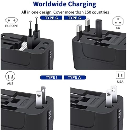 Global Travel Power Adapter with Dual USB-C & USB-A Ports – Compact & Efficient Universal Charger for USA, EU, UK & AUS – Reliable Fast Charging Solution for Tech-Savvy Travelers in Sleek Black Finish