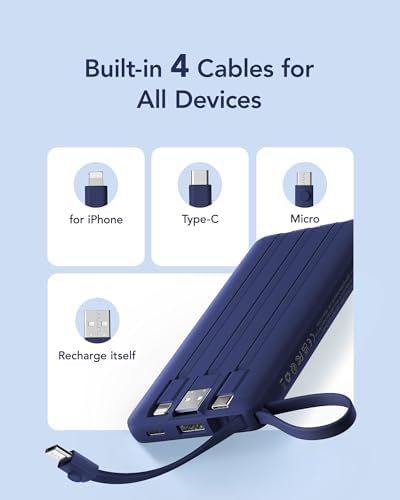 VRURC 10,000 m Ah Slim Power Bank – Ultimate Multi-Device Portable Charger with Built-in Cables, 5 Outputs & Dual USB-C Inputs for i Phone, Samsung, Android – Travel Essential for On-the-Go Power Solutions
