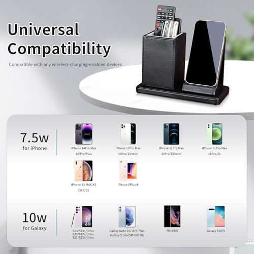 Sleek Marble Finish Wireless Charging Station with Desk Organizer – Fast Qi-Certified Charger for i Phone 13/12/11 Series, Effortless Device Power-Up & Luxurious Leather Accents for an Organized Workspace