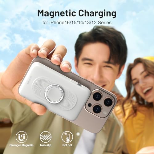 Magnetic Wireless Power Bank for Apple Devices – BLAVOR 10,000 m Ah Portable Charger with Built-in Cables and 20 W Fast Charging, Seamless Compatibility for i Phone 16/15/14/13/12 and Apple Watch, Integrated Stand for Hands-Free Use, Sleek White Design – Ultimate Convenience for On-the-Go Charging