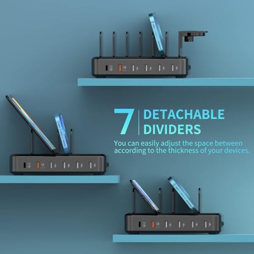 Sleek 6-Port USB Fast Charging Station with 60 W Output & 7 Versatile Cables – Essential Multi-Device Charger for i Phone, i Pad, Tablets, and Kindles – Ultimate Home and Office Organization Solution for Effortless Charging and Efficiency