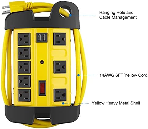 Industrial Heavy Duty Power Strip with 8 Outlets & USB Ports – 2700 Joules Surge Protector for Workshop & Garage – 15 Amp Metal Power Strip with 6 FT Extension Cord for Enhanced Device Compatibility & Fast Charging