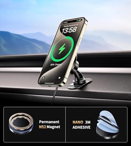 15 W Magnetic Wireless Car Charger & Mount for i Phone 16 – Dual Function Fast Charging with Mag Safe Compatibility – Secure Vent/Dashboard Installation for i Phone 12 to 15 Series – Sleek, Reliable Design for On-the-Go Convenience – Ultimate Hands-Free Navigation Solution