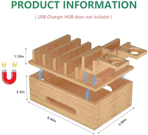 Eco-Friendly Bamboo Charging Station: Multi-Device Docking Organizer with 6 Charging Cables for Phones, Tablets, Earbuds, and Smartwatches – Sleek, Durable Design for Home & Office Efficiency