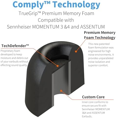 Transform Your Audio Experience with Comply True Grip Premium Memory Foam Earbud Tips for Sennheiser Momentum 3 & 4 | Ultimate Comfort & Noise Isolation | Large Black (3 Pairs) with Essential Cleaning Tool | Perfect Fit for Music Lovers