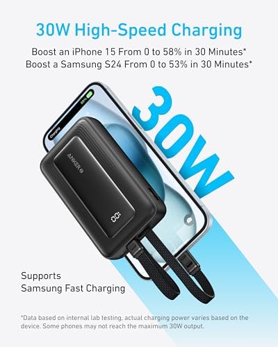 Anker Zolo 10,000 m Ah Fast Charging Power Bank – Ultimate Portable Charger with Built-in USB-C & MFi Certified Lightning Cables, 30 W Max Output for i Phone 16/15 Series, Mac Book, Galaxy – Lightweight Dual-Port Battery Pack for On-the-Go Charging