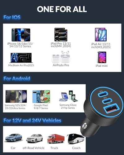 High-Power USB C Car Charger – 67 W Dual USB-C & USB-A Fast Charging Adapter, 3-Port Design for i Phone 16, Samsung S25, Pixel & Tablets – Essential Automotive Charging Accessory for On-the-Go Power and Safety