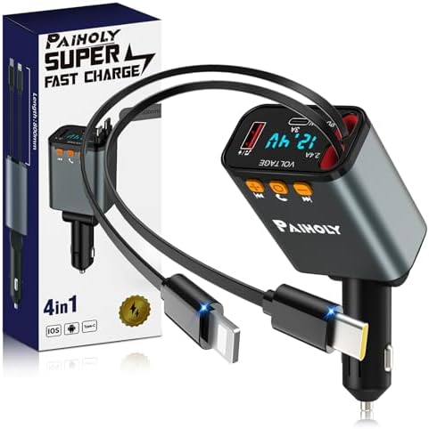 Paiholy 66 W 4-in-1 Retractable Car Charger – Dual USB Fast Charging Station with Dual i Phone Cables for i Phone 14/13/12/11 Pro Max/XS MAX and i Pad – Real-Time Voltage Display, Compact Design for Effortless Travel Convenience