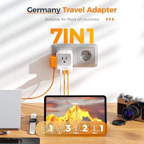 TESSAN Universal European Travel Power Adapter – 3 High-Speed USB Ports (2 USB-C) & 4 AC Outlets for Seamless Device Charging Across France, Germany, Spain, Greece & More – Compact Multi-Port Solution for Global Travelers – Ultimate Type E/F Plug Converter for Efficient Connectivity