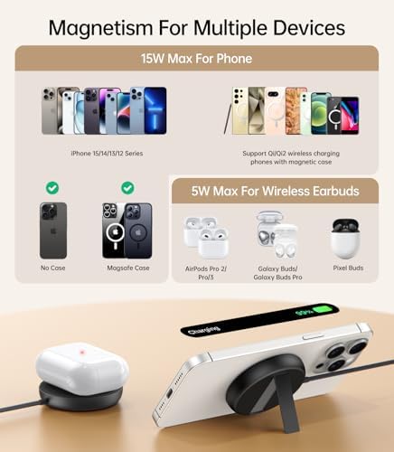Elevate Your Charging Experience with Meifigno Qi2 Wireless Charger: 15 W Fast Magnetic Charging for i Phone 16 Pro Max/15/14/13/12 & Air Pods, Features Metal Kickstand for Optimal Viewing, Includes 5 ft Durable USB C/A Braided Cable, Sleek White Design for Modern Aesthetics