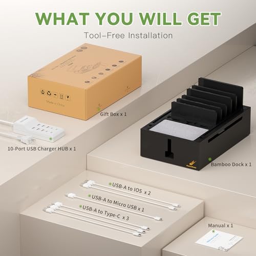 Pezin & Hulin Eco-Friendly Bamboo Charging Station – 10-Port USB Dock Organizer with 6 Cables, Enhanced Power Supply & Cable Management for Multi-Device Charging, Sleek Natural and Black Design for Homes and Offices