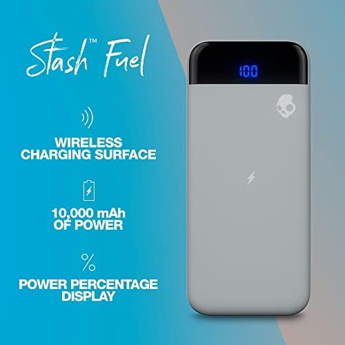 Skullcandy Stash Fuel 10,000 m Ah Wireless Portable Power Bank – Ultra-Fast 10 W Charging with USB C & Dual USB A Ports – Includes Versatile Dual Charging Cable – Sleek Grey/Blue Design for On-the-Go Life