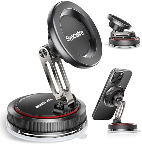 SYNCWIRE Mag Safe Car Phone Mount – Ultra-Stable 3-Axis Folding Holder with Powerful Suction Cup for i Phone 12-15 Series, 360° Adjustable Viewing for Navigation & Hands-Free Calls, Sleek Matte Black Design for Enhanced Driving Experience