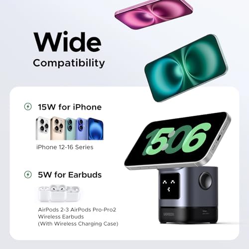 UGREEN Uno Qi2 Certified 15 W Wireless Charger Stand – Foldable 2-in-1 Charging Station for i Phone 16/15/14/13/12 Series & Air Pods 2/3/Pro – Enhanced Portability, Speed, and Security for Your Devices