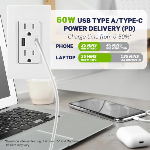 Leviton 60 W Dual USB Type A/Type-C In-Wall Charger – Fast, Efficient Power Delivery Solution for Smartphones, Tablets & Laptops – Tamper-Resistant Outlet in Light Almond for Safe, Clutter-Free Charging Experience – Perfect for Home and Office Use
