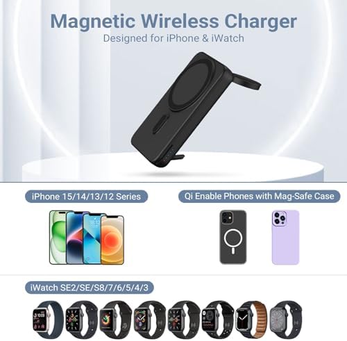 DDUAN 10000 m Ah Mag-Safe Wireless Power Bank – Dual Charging Solution for i Phone 15/14/13/12 & All Apple Watch Series with USB-C Cable – Sleek Portable Design for On-the-Go Convenience and Fast Charging Performance