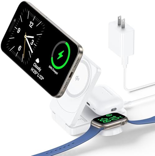 Revolutionize Your Charging Routine with the Qi2 Certified 3 in 1 Foldable Wireless Charger – Seamless Mag Safe Compatibility for i Phone 12-16, Apple Watch & Air Pods, 15 W Fast Charging Power, Includes 30 W Adapter for Ultimate Efficiency and Portability