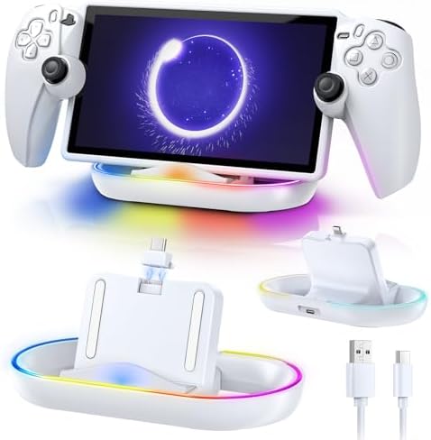 Innovative PS5 Charging Dock with RGB Ambient Lighting & Magnetic Type C Connector – Case-Compatible Power Station for Play Station Portal Devices – Fast, Sleek, and Versatile Charging Solution in White & Black