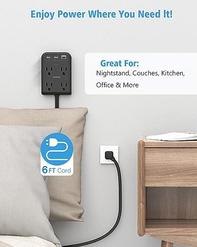 Maximize Power Efficiency with 6 ft Flat Electrical Outlet Extender – 4 Outlets & 3 USB-C Ports, Space-Saving Surge Protector for Home & Office, Rapid Device Charging Power Hub, Sleek White Design