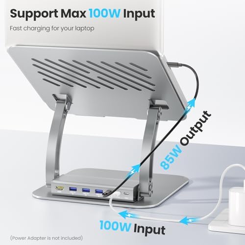 Transform Your Workspace with the Tounee Ergonomic Laptop Stand & USB-C Hub – Fast 100 W Charging, 4 K@60 Hz HDMI Output, 3 USB Ports for Effortless Device Connectivity – Ideal for 10-17″ Laptops & Mac Book in Stylish Gray Finish