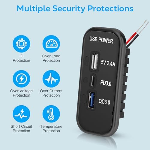 Linkstyle Dual 12 V USB Charging Outlet – Advanced PD3.0 & QC3.0 Power Hub for Cars and Marine Use – High-Speed 3-Port Fast Charger for Smartphones and Tablets, Perfect for Road Trips and Boating Adventures