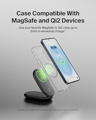 Belkin Foldable Magnetic Wireless Charging Stand – 15 W Fast Charger for i Phone 16 & Galaxy S25 – Qi2-Certified, Portable Design with PSU – Sleek Black Finish for Enhanced Device Compatibility and Effortless Charging Experience
