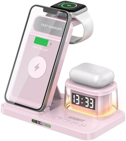 Elevate Your Charging Game: 5-in-1 Foldable Wireless Fast Charger with Integrated Night Light & Transparent Clock for Apple Devices – Ideal for i Phone 16/15/14/13/12/11 Pro Max, Apple Watch, and Air Pods – Sleek Green Design for Ultimate Portability and Style