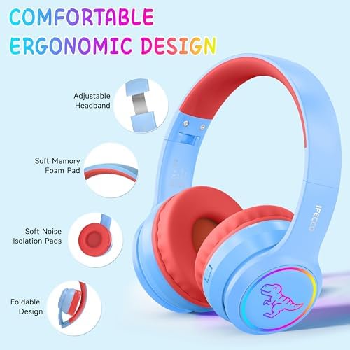 IFECCO Wireless Kids Bluetooth Cat Ear Headphones – Fun Light-Up Design with Volume Limiting Feature, Built-in Microphone, and Foldable Portability for Travel and Learning – Ultimate Gift for Young Music Enthusiasts